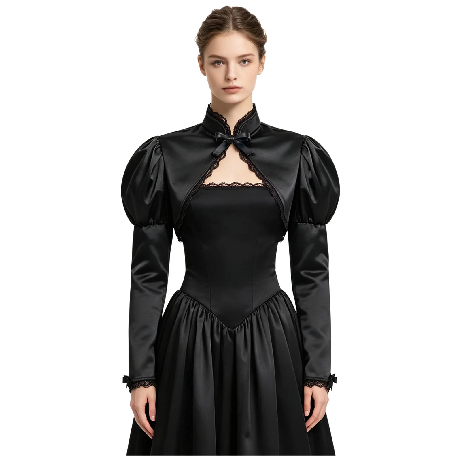 Womens Medieval Victorian Vampire Gothic Jacket Bolero Shrug Floral Lace Trim Long Puff Sleeve Lacing Up Crop Cardigan Shawls