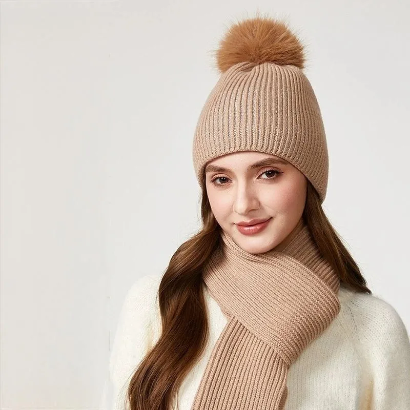 Autumn and Winter Woolen Hat Two-Piece Set Solid Color Knit Scarf and Beanie Warm Knitted Hat and Scarf