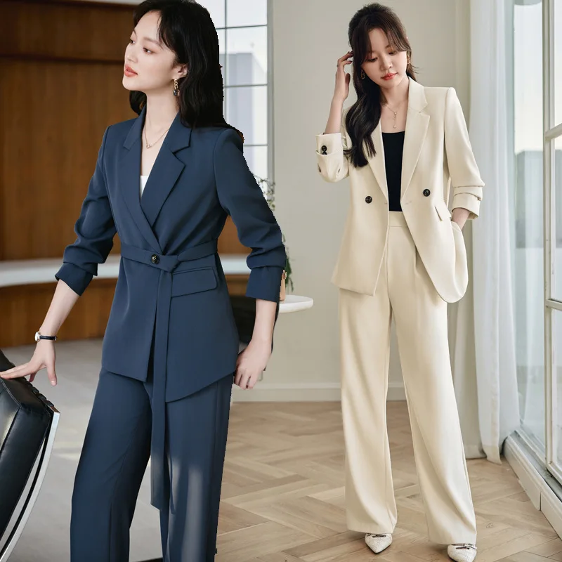 Beige Waist-Tight Suit Jacket Women's Spring and Autumn Temperament Goddess Style Business Wear High-End Suit Jacket Wide-Leg Pa