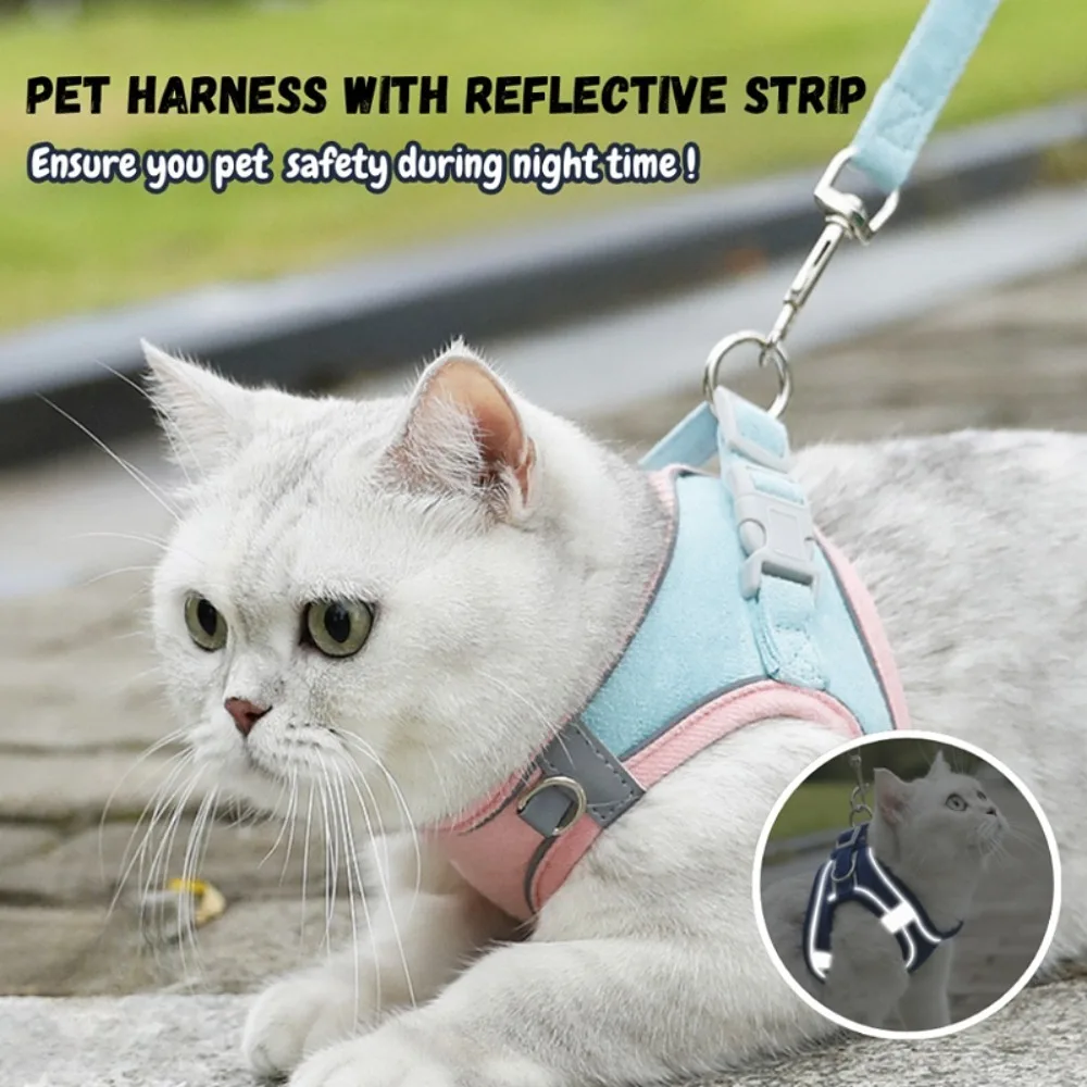 Suede Color Block Cat Harness Leash Set Escape Proof Dog Vest Harness Adjustable Walking Rope Lead for Cats Small Dogs