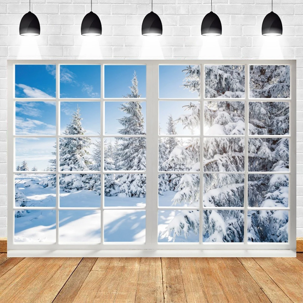Winter Window Photography Background Christmas Pine Tree Snow Scenery Home Decoration Baby Family Portrait Backdrop Photo Studio