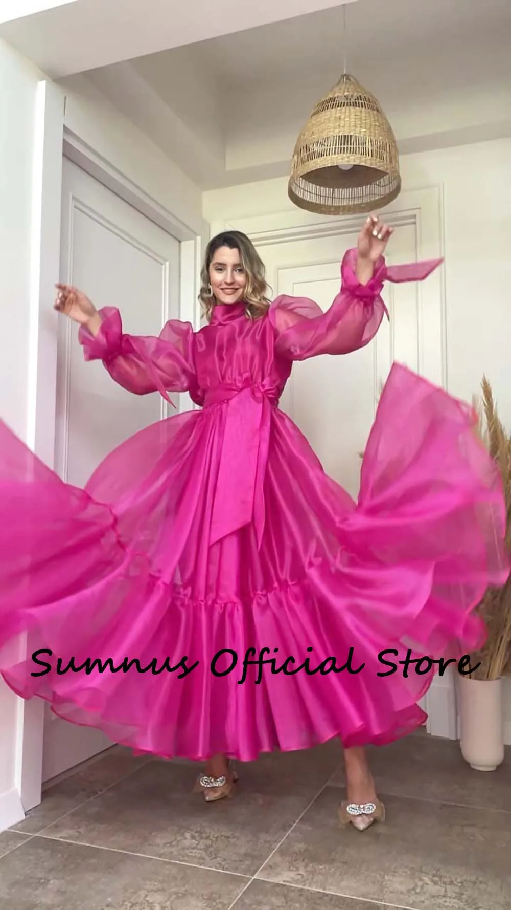 Sumnus Rosa Organza EINE Linie Abendkleider Mit Gürtel Puff Langarm Knöchel Länge Party Kleid High Neck Abend Prom kleider