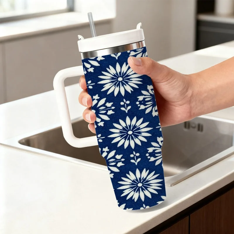 Stainless Steel 40oz Tumbler with Intricate Navy Blue White Floral & Geometric Digital Print, Double Wall Insulated Beverage Container for Hot & Cold Drinks, Perfect for Home Kitchen Office Daily Use