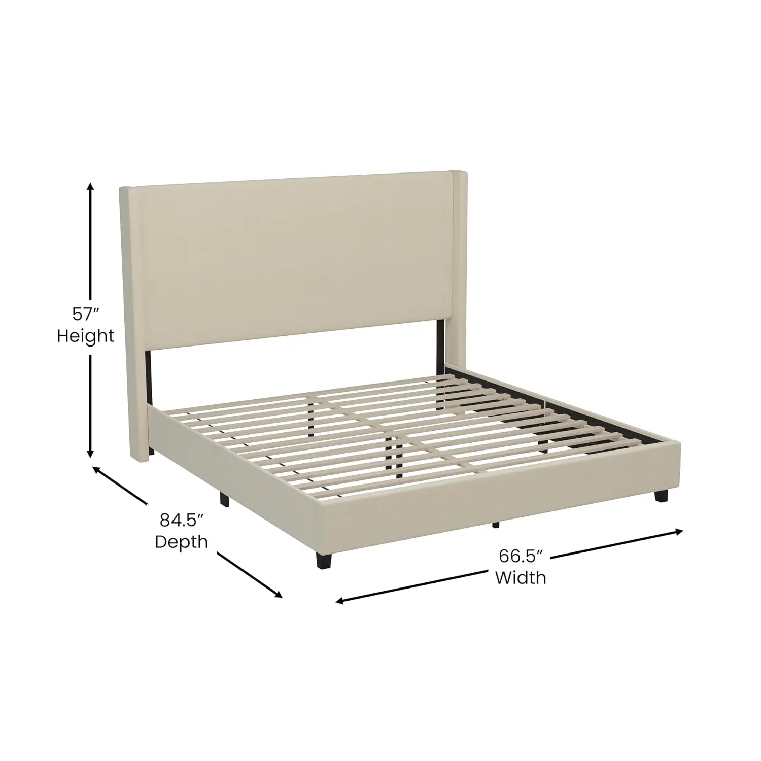 Beige Queen Wingback Platform Bed with Upholstered Headboard & Wood Slat Support, Customized