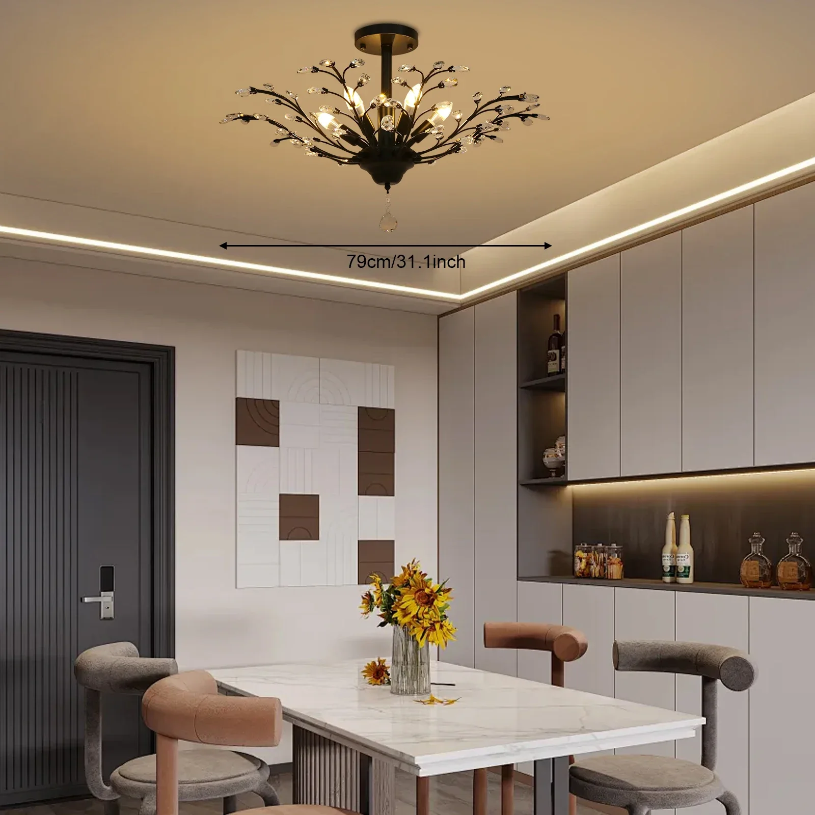 

5-Light Vintage Small Crystal Chandelier, 30 Inch Black Semi Flush Mount Ceiling Light Fixture for Kitchen Bedroom Living Room
