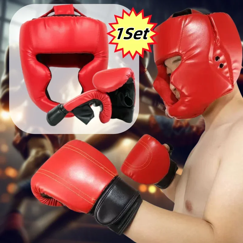 

1 piair Boxing Gloves and 1 piese Helmet Taekwondo Head gear muay Thai Headgear, Adult Sanda Training Protective Equipment