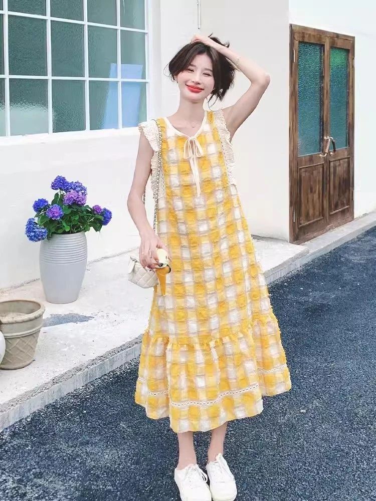 Korean Fashion Dresses Lace Up Plaid Ruffles Patchwork Sleeveless Casual Loose Dress Summer Dopamine Aesthetics Women's Clothing