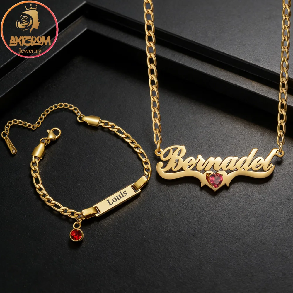 

Custom Baby Name 35cm Necklace Bracelet Jewelry Set with Birthstone Engraved Children's Name Bracelet for Mom Kid Birthday Gift