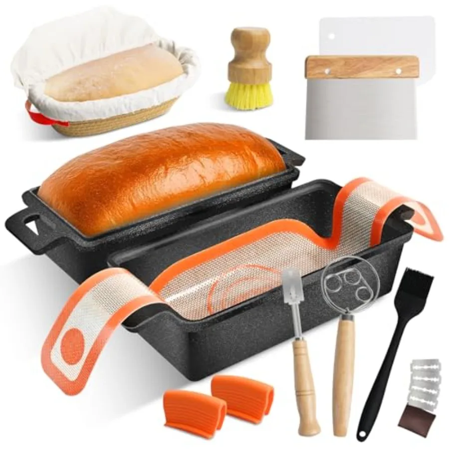 

Чугунные формы для хлеба 9 × 5 дюймов с крышкой для выпечки хлеба 2 в 1, идеально подходят для домашней выпечки, идеально подходят для хлеба на чистой и