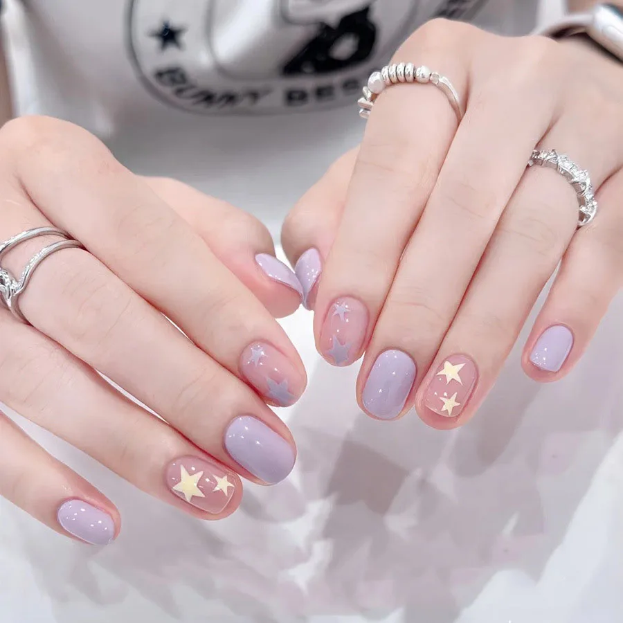 Short fake nails for women girls cute kawaii star in yellow 