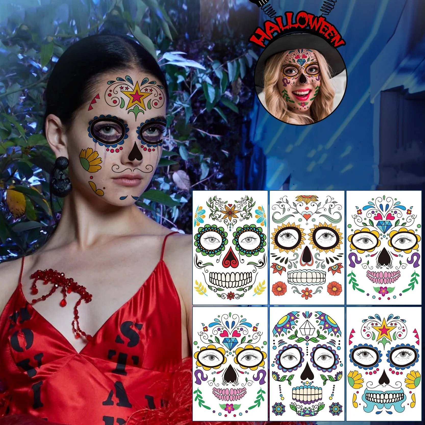 

9pcs Halloween Face Temporary Tattoo Sticker Skull Ghost Butterfly Rose Fake Tattoo Masquerade Party Funny Makeup Look Sticker