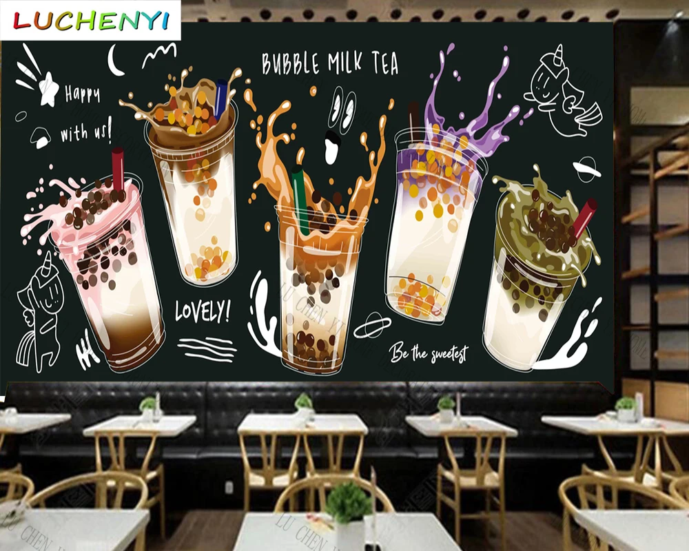 Custom bubble tea ice cream Boba juice mural wallpaper restaurant cold drinking shop dining room wall papers home decor sticker