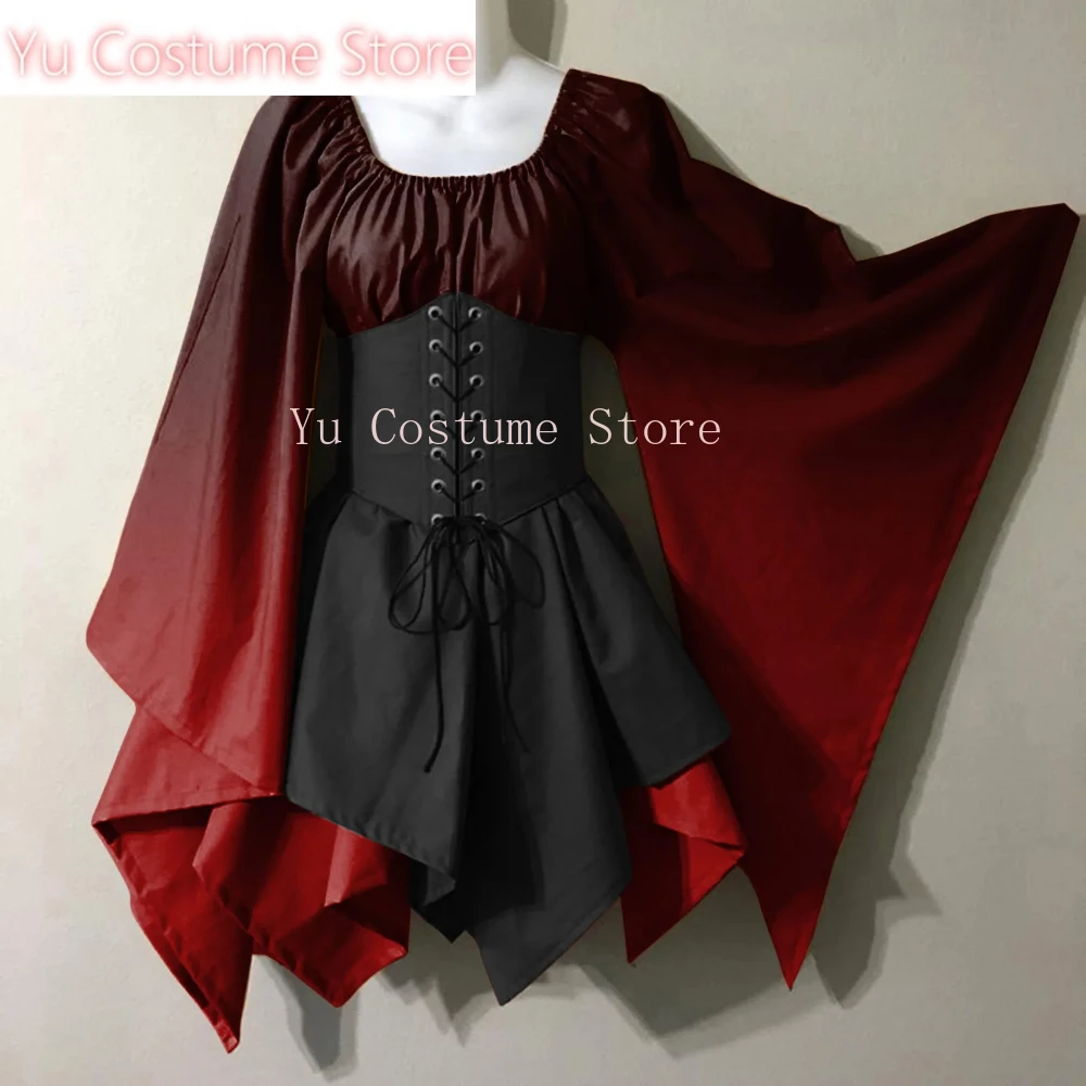 

Yu Renaissance Vintage Palace Victoria Medieval Costume Women Halloween Cosplay Full Sleeve Waist Bandage Ptachwork Party Dress