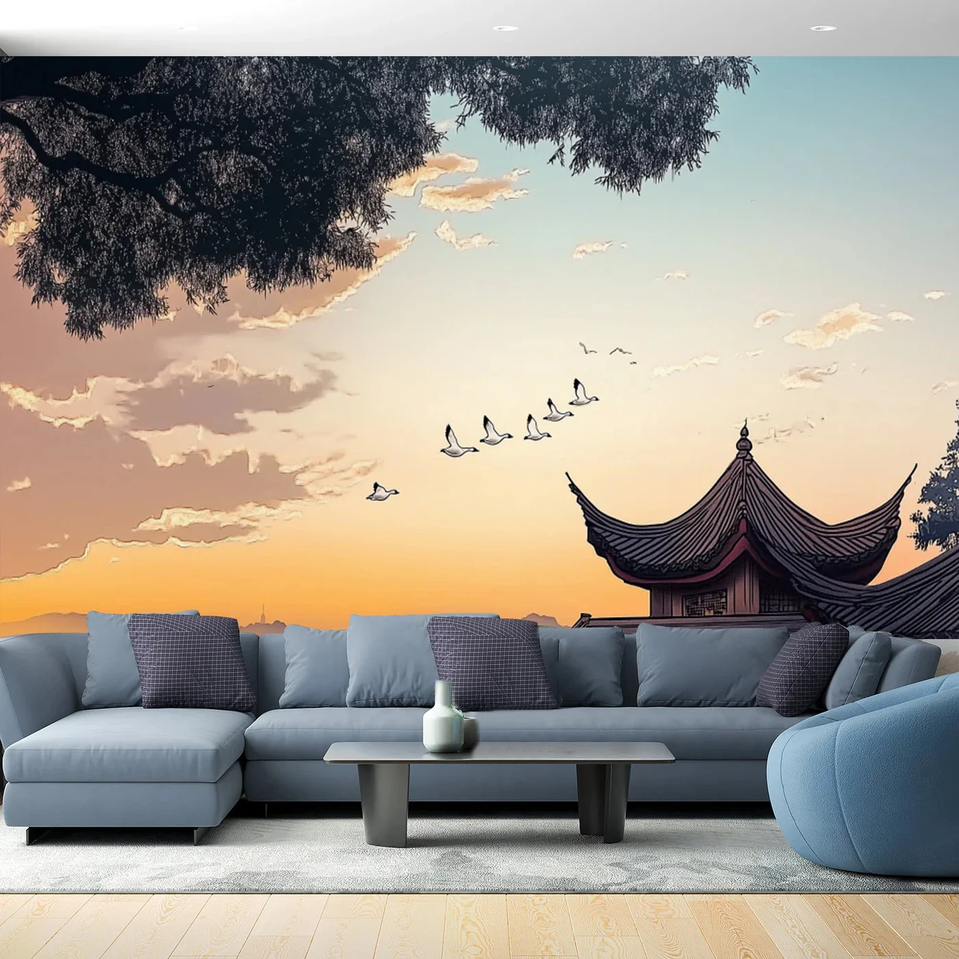 New Chinese Style Custom Wall Mural Vintage Sunset Sky Pattern Wallpaper Landscape Wall Art Covering Home Decor for Living Room