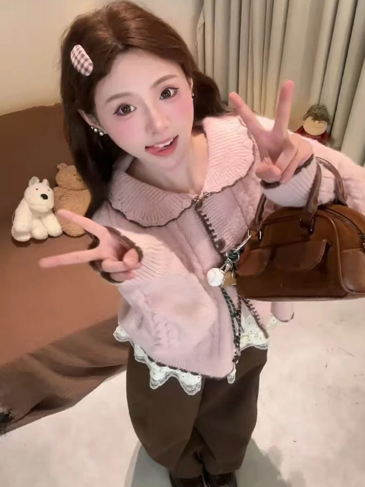 

Stunning Korean Sle Women's Knitted Set Sweet Doll Collar Polka Dot Base irt Wide Leg Pants Tee Piece Winter Faion