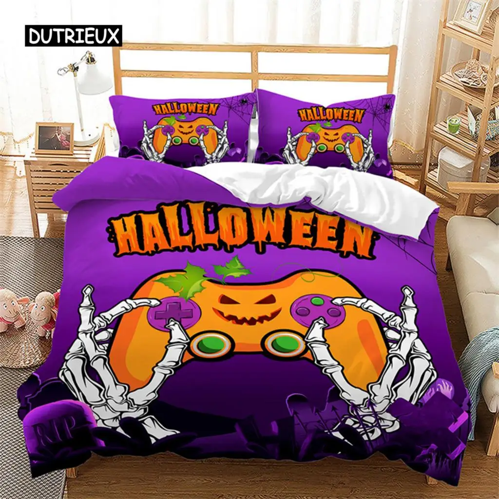 

Halloween Duvet Cover Queen Cartoon Pumpkin Gamepad Quilt Cover Microfiber Horror Theme Gothic Spooky Bedding Set For Boys Teen