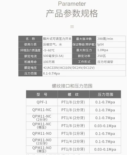 QPM11-NO 空気圧調整式ダイヤフラム式空気圧スイッチ エアコンプレッサー エアポンプ 空気圧油圧 NC