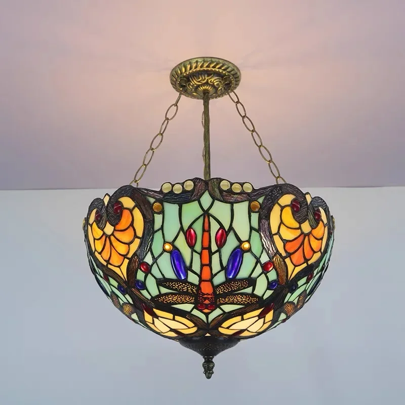 

40cm Tiffany Mediterranean Glass Pendant Light Vintage Stained Hanging Lamp for Dining Room Kitchen Light Fixture Home Art Decor