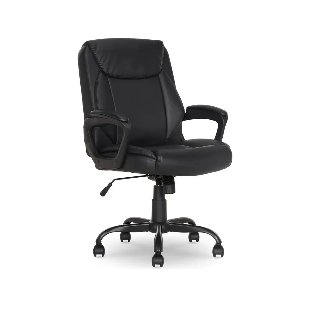 Classic Puresoft PU Padded MidBack Office Desk Chair with Armrest, Easy Assembly, Sturdy Metal Base, Wheels, 275lb Support, 26D