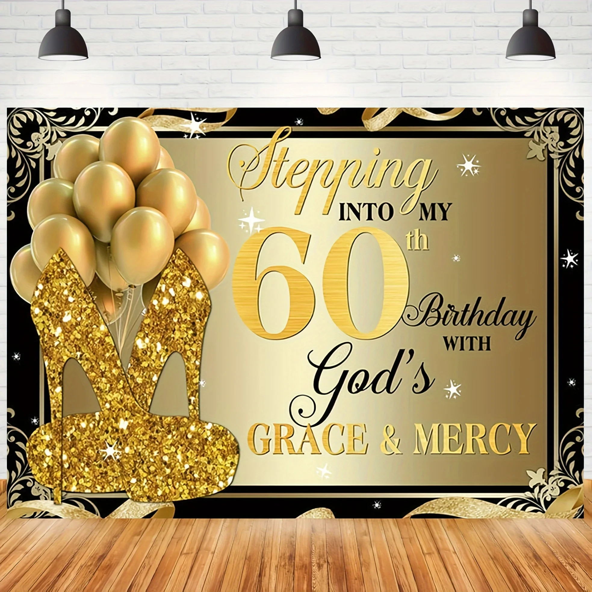 Hintergrundtuch zum 60. Geburtstag – Schwarzes und goldenes Pailletten-High-Heel-Ballon-Design, Party-Dekoration