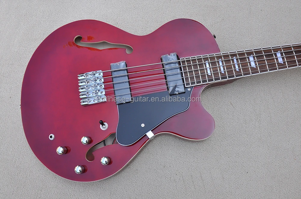 Flyoung Side Hole Style Electric Bass Wine Red 5 Strings Electric Bass Guitar Semi Hollow Body Bass