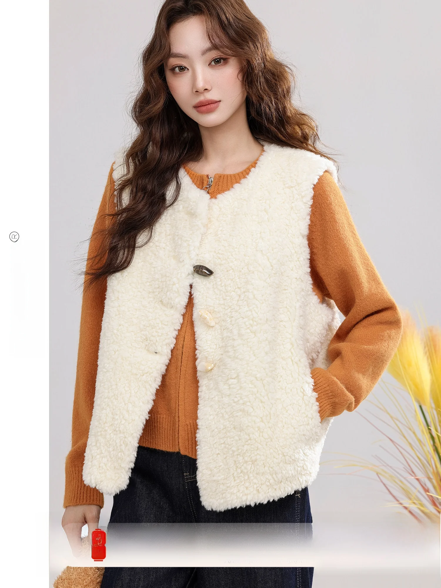 

Yuxiang Songjian Tingxue 2025 Winter New Simple round Ne Lamb Fur Vest Women's Inteated Leather Fur Thiened Polyester