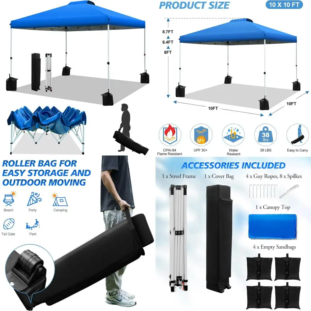 

Instant Pop Up Canopy Tent 10x10ft Easy Setup Portable Shelter Adjustable Height with Roller Bag and 4 Weights for Outdoor Event