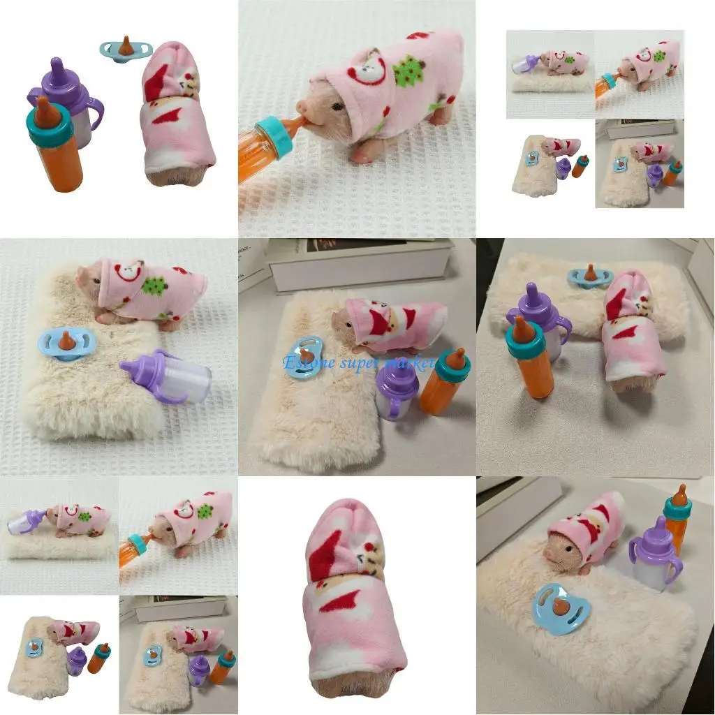 

090B 5PCS Realistic Piggy Doll Accessory Including Cloths Blanket Soother Milk Bottle