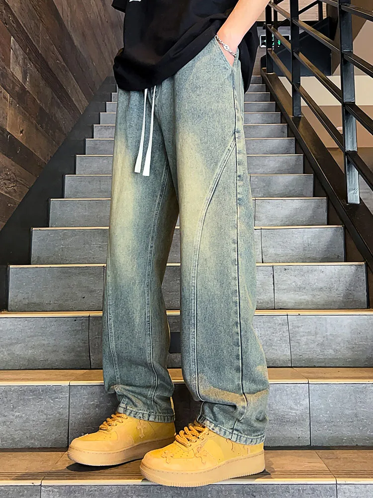 

American Vintage Men's Loose Straight Leg Jeans Yellow Mud Workwear Trousers High Street Vibe Youth Faion Retro Brand