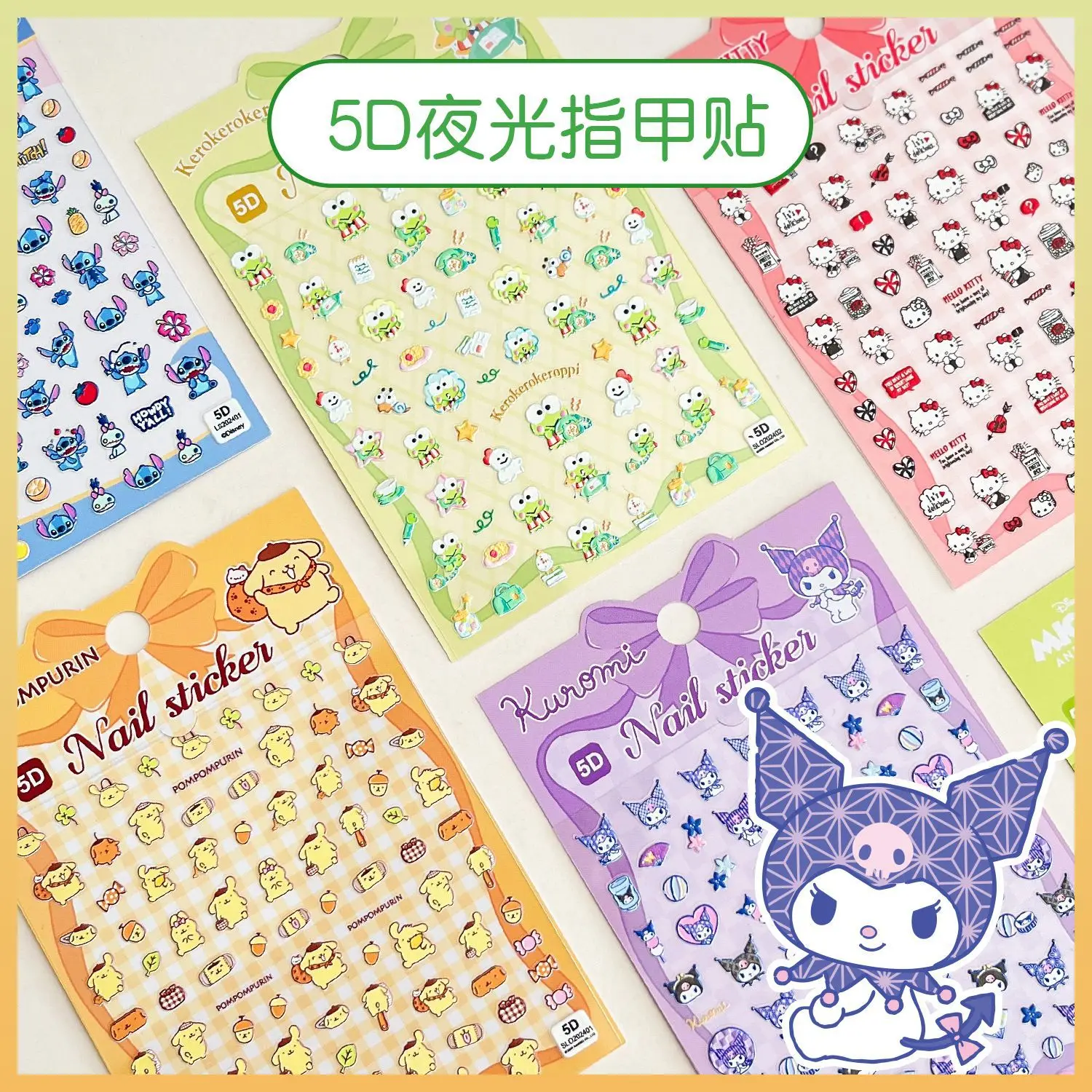 

Sanrio Stitch Disney Hello Kitty Cat 5D Nail Stickers Embossed 3D Kuromi Melody Children's Cartoon Nail Stickers