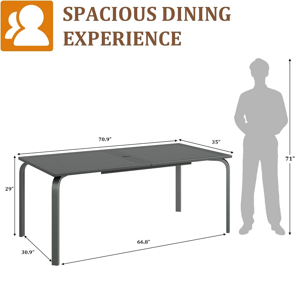 71" Modern Outdoor Dining Table with Umbrella Hole - Aluminum Patio Table, Weatherproof & Rust-Proof Design for Restaurants