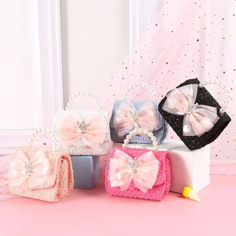 Pink Princess Crown Children Shoulder Bag Baby Girls Fashion Lace Bow Coin Purse Kids Crossbody Chain Handbag Toddler Girl Bags