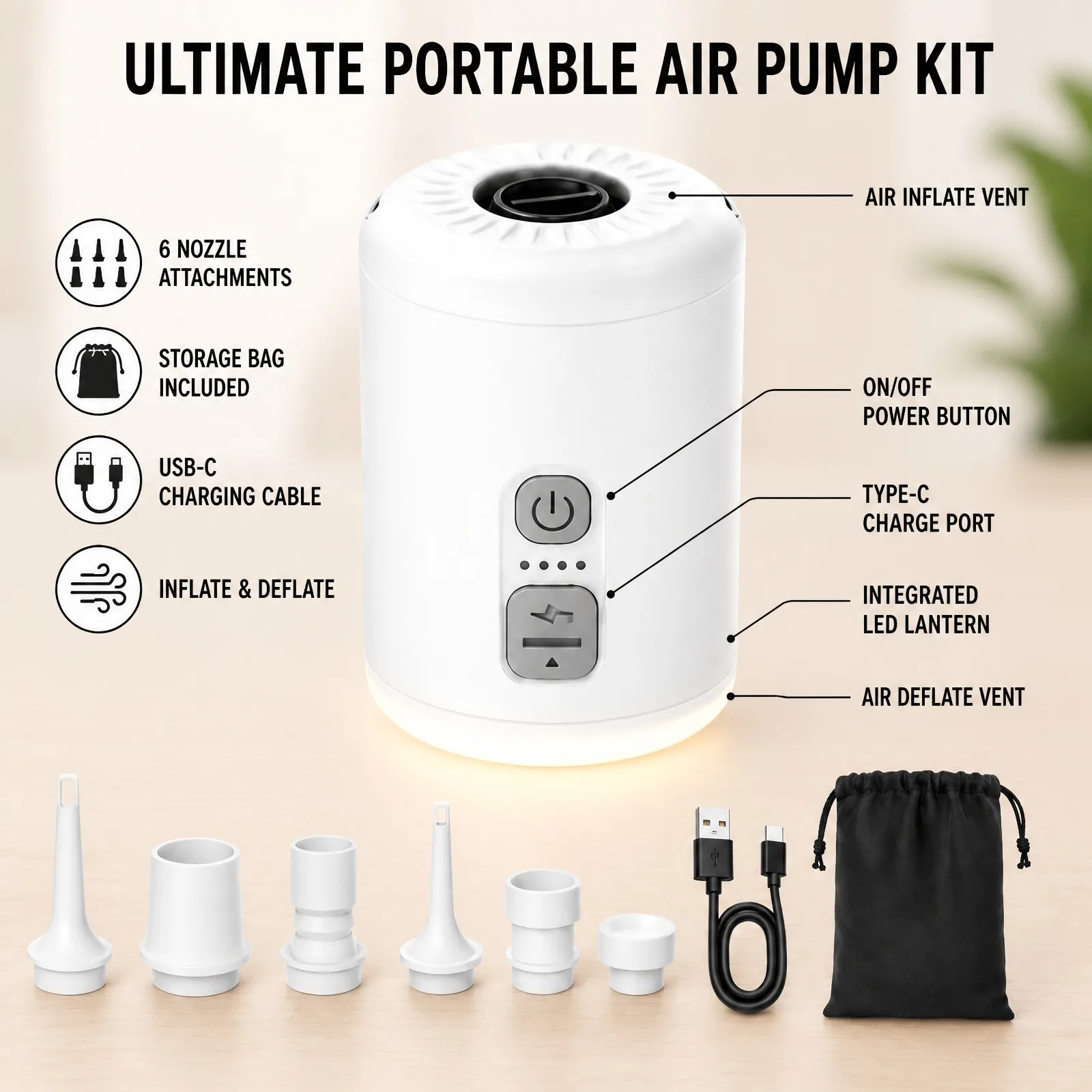 2026 New Mini Electric Inflatable Pump 3-in-1 With Lights Wireless Air Compressor For Camping Hiking Inflate & Deflate Equipment