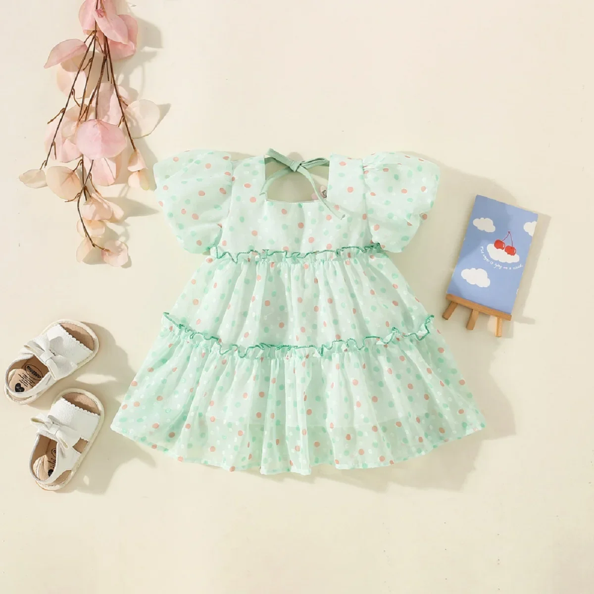 Summer New Baby Girls Round Neck Bubble Sleeve Layer Lace Pleated Polka Dot Ribbon Bow Casual Sweet Princess Dress