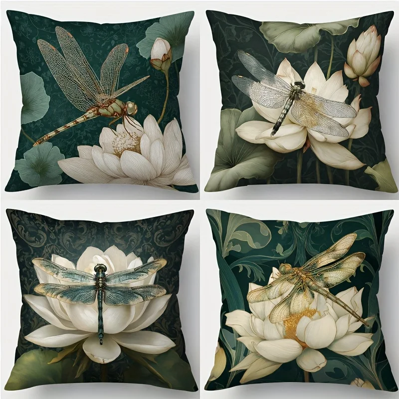 4pcs Vintage Lotus Dragonfly Throw Pillow Covers, Botanical Floral Print Cushion Cases, Zen Asian Decor for Bedroom Living Room