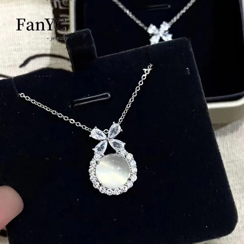 New Silver Diamond Ice Kind Natural White Chalcedony Pigeon Egg Pendant Light Luxury Exquisite Necklace Women's Collarbone Chain