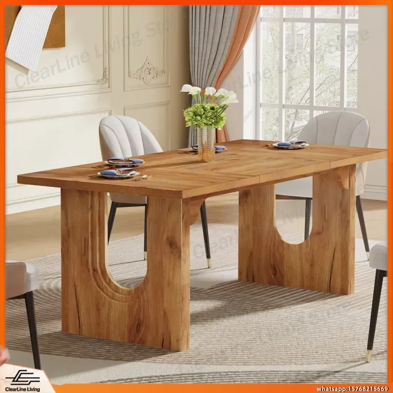 Modern Dining Table for 6 to 8 People 71 Inch Large Kitchen Dining Table with Solid Wood Pedestal Base Rectangle Extendable