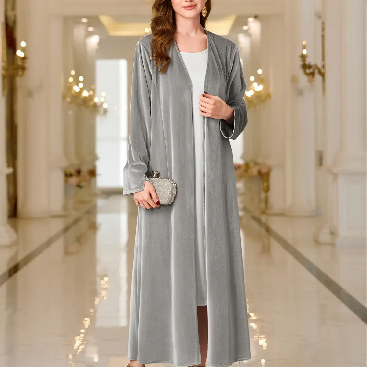 Ramadan Women's Clothing Autumn and Winter Thick Flannel Cardigan Abaya Solid Color Robe for Women