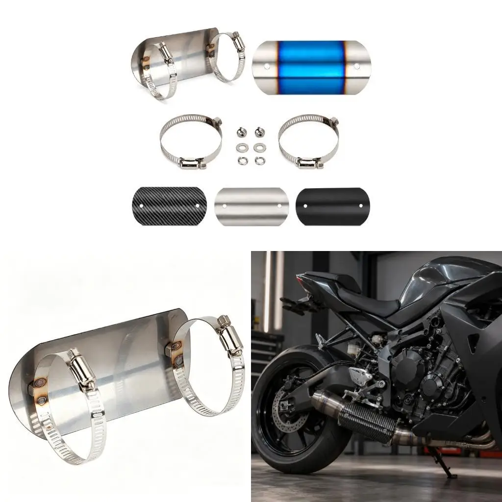 Stainless Steel Motorcycle Exhaust Cover Clamp On Center Pipe Guard Panel with Hardware Set for Garage Service  