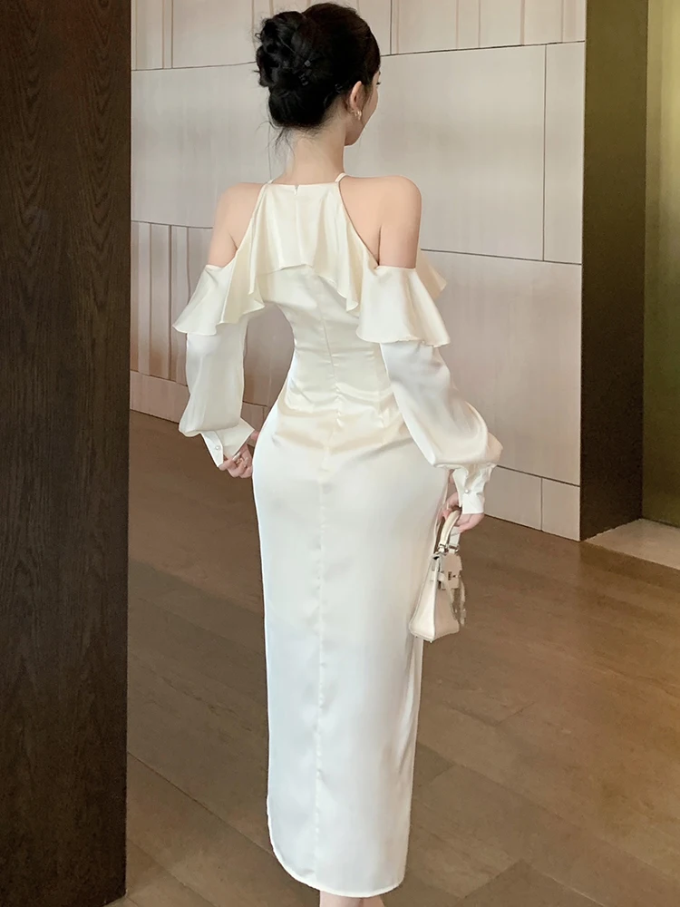 Autumn Winter White Satin Ruffled Neck-mounted Sexy Dress Women Elegant Luxury Evening Dress 2025 Korean Vintage Bodycon Dresses