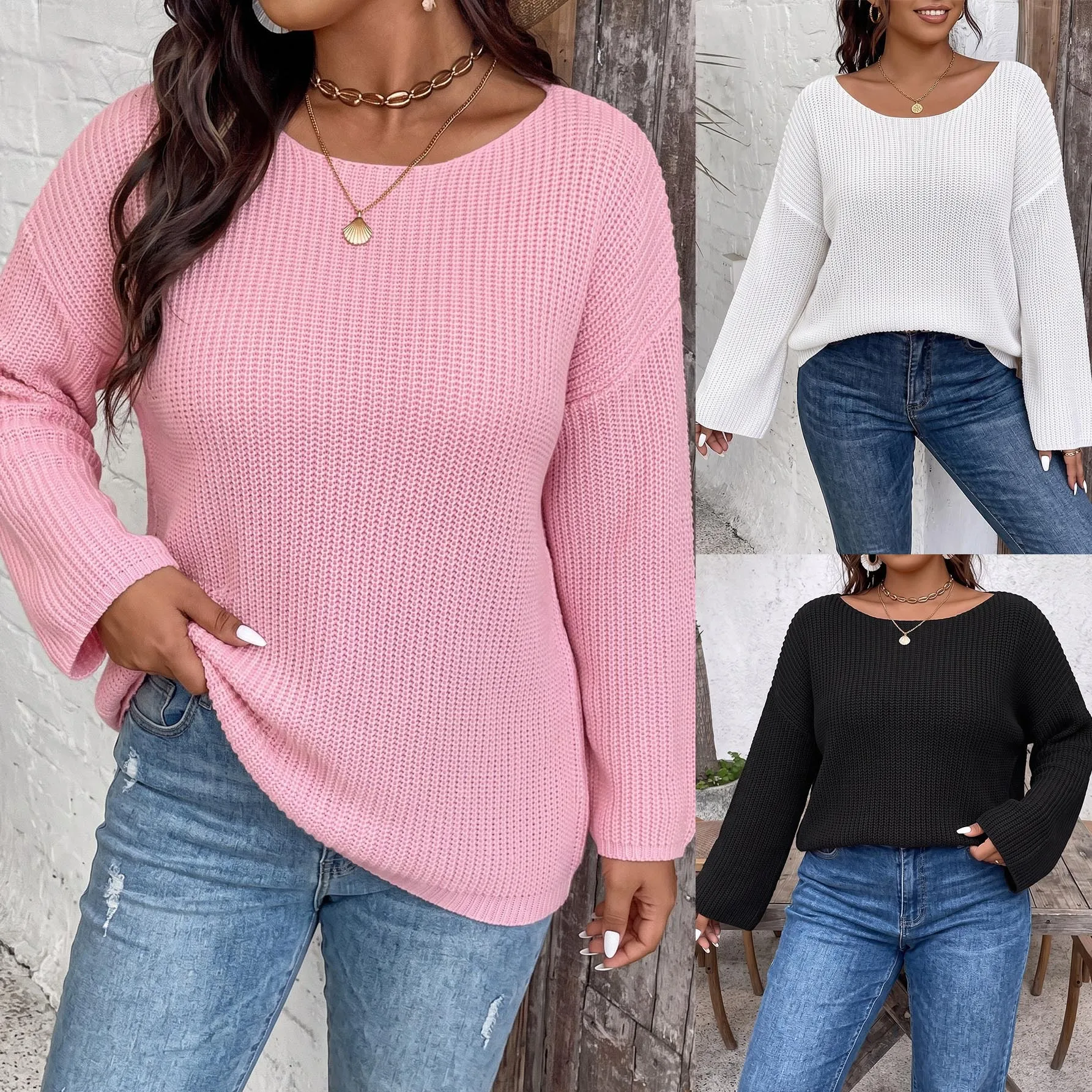 Plus Size Women's Fashionable Solid Color 0XL-3XL Sweater Pullover Tops Women's Cross O-Neck Long Sleeved Pullover Sweater