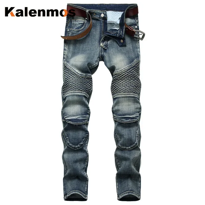 Jeans magro emendado masculino com bolsos, calça hip-hop, motociclista moto monocromático, mosca com zíper, comprimento liso do tornozelo, jeans lavado, verão, 2024