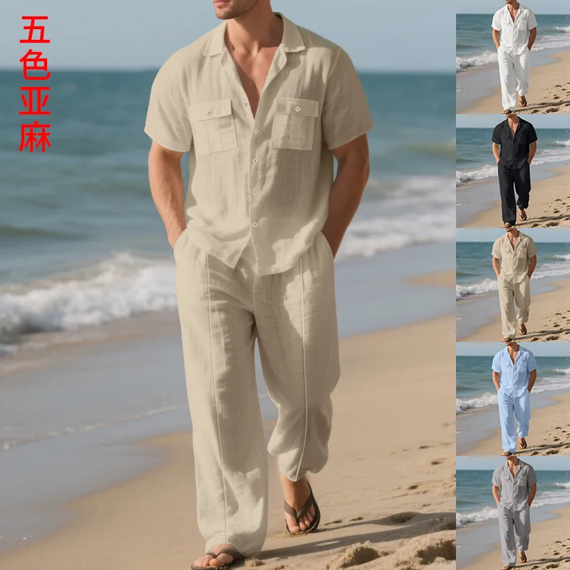 

Men's Summer Linen Loose Beach Casual Workwear Short-Sleeved Shirt And Long Pants Suit Simple And Elegant
