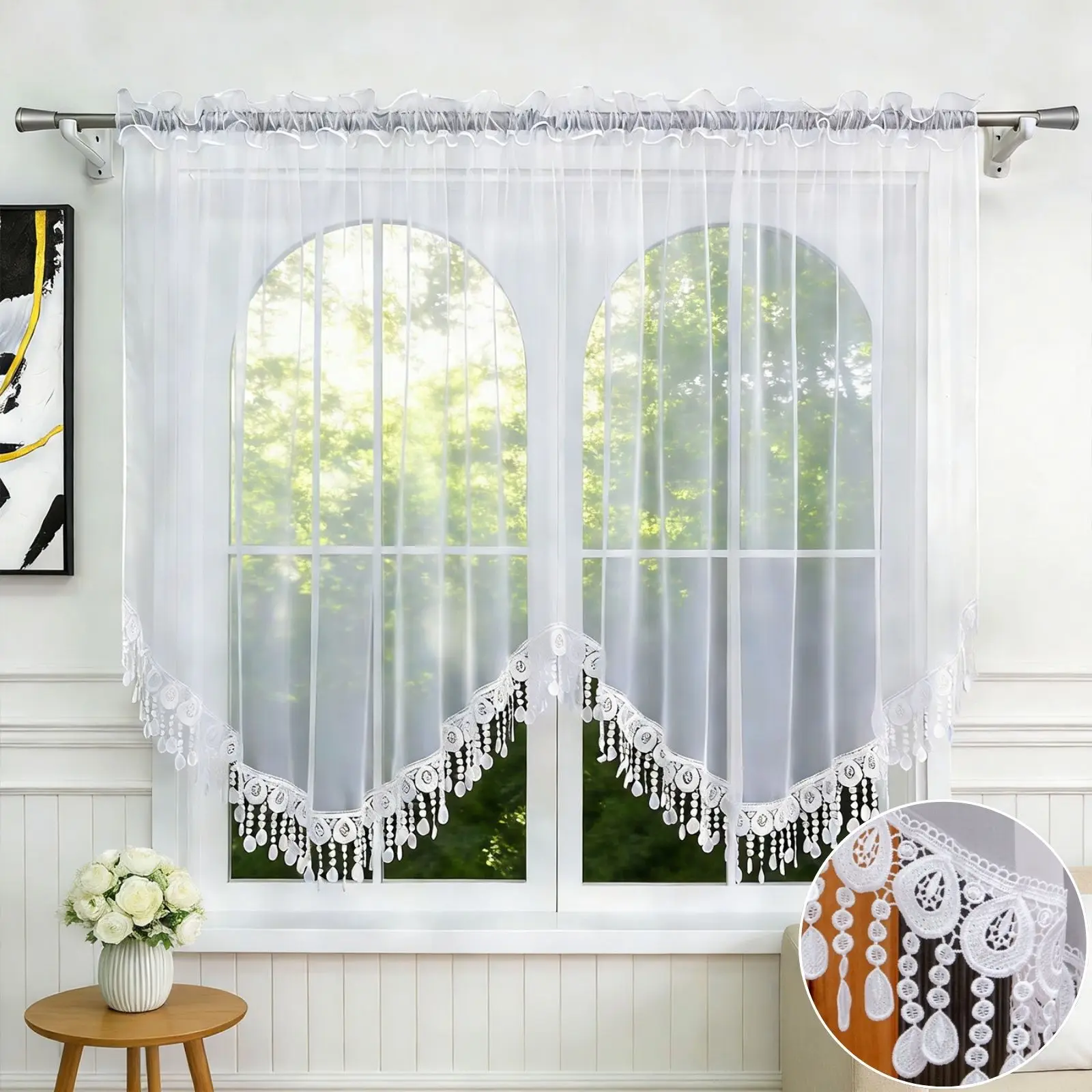 1 Stück weißer transparenter Vorhang mit Spitzenanhänger, bestickter Chiffon für Wohnzimmer und Café, schönes Einweihungsgeschenk