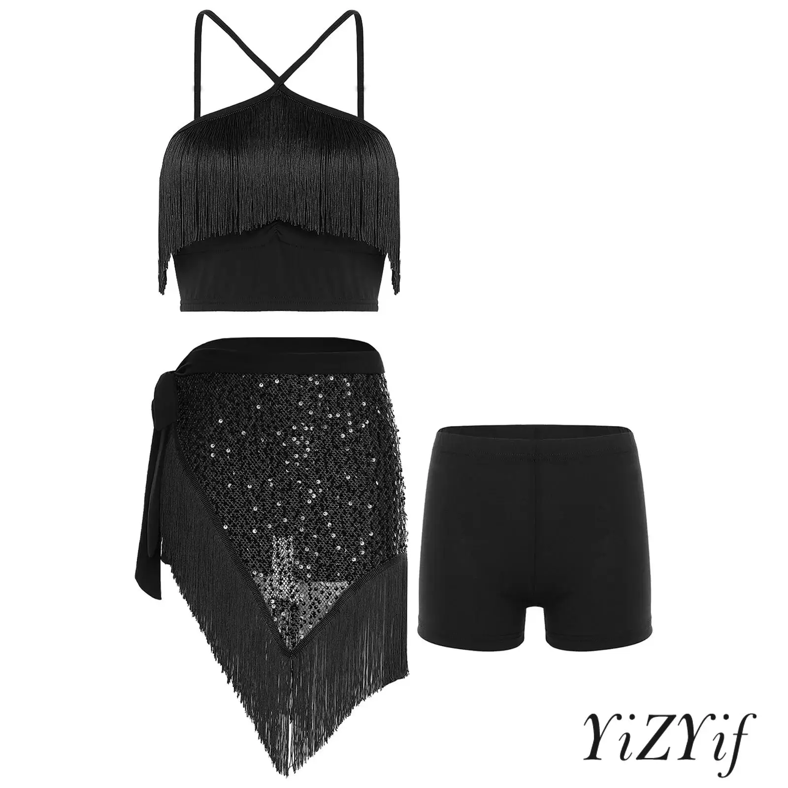 

Womens Tassel Belly Dance Outfit Stretchy Spandex Sleeveless Crop Top with Lace-Up Hip And Scarf Safety Shorts for Dance Party
