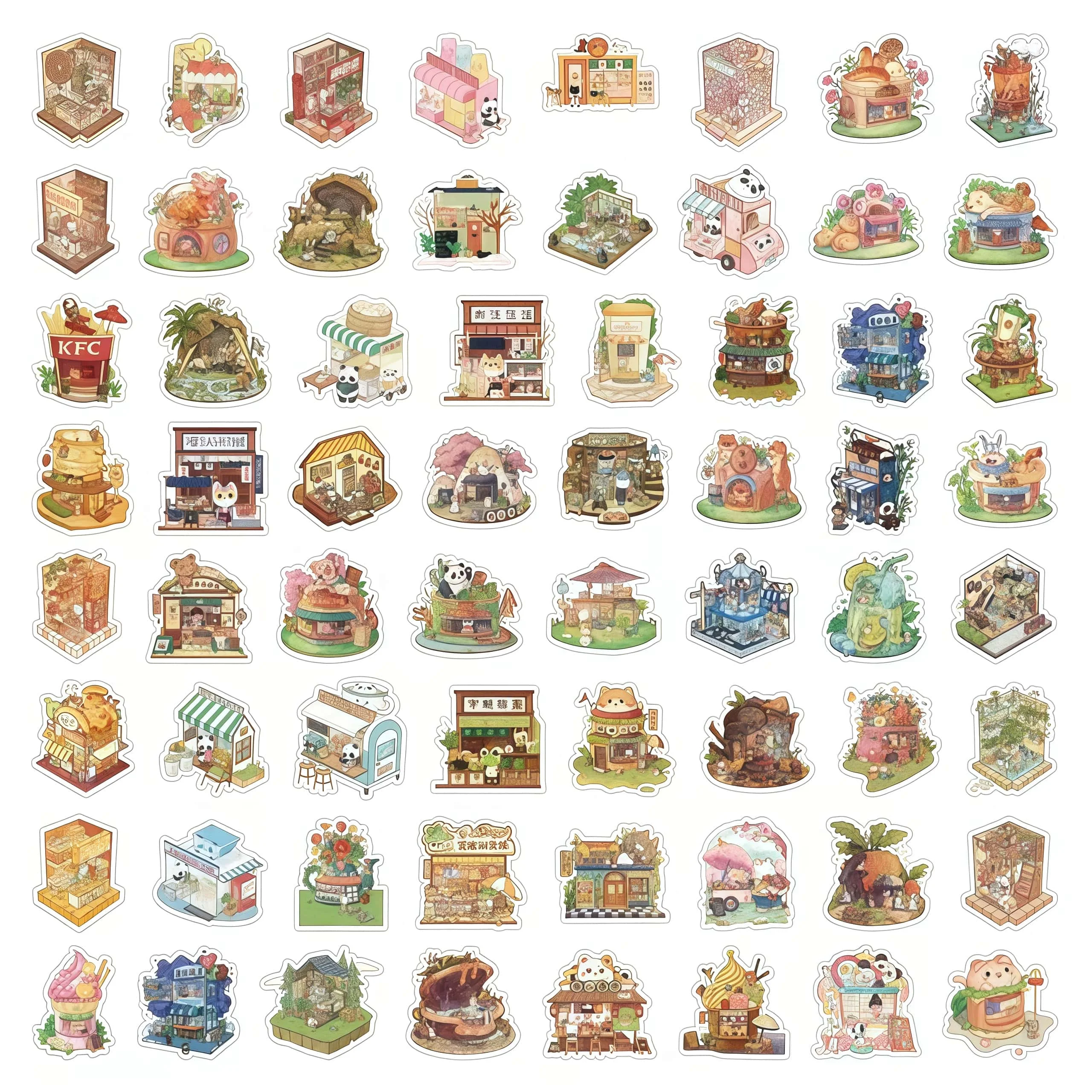 60 قطعة من ملصقات متجر الحيوانات اللطيفة، ومتجر الرسوم المتحركة Kawaii وشارات المقهى لديكور المجلة وسجل القصاصات