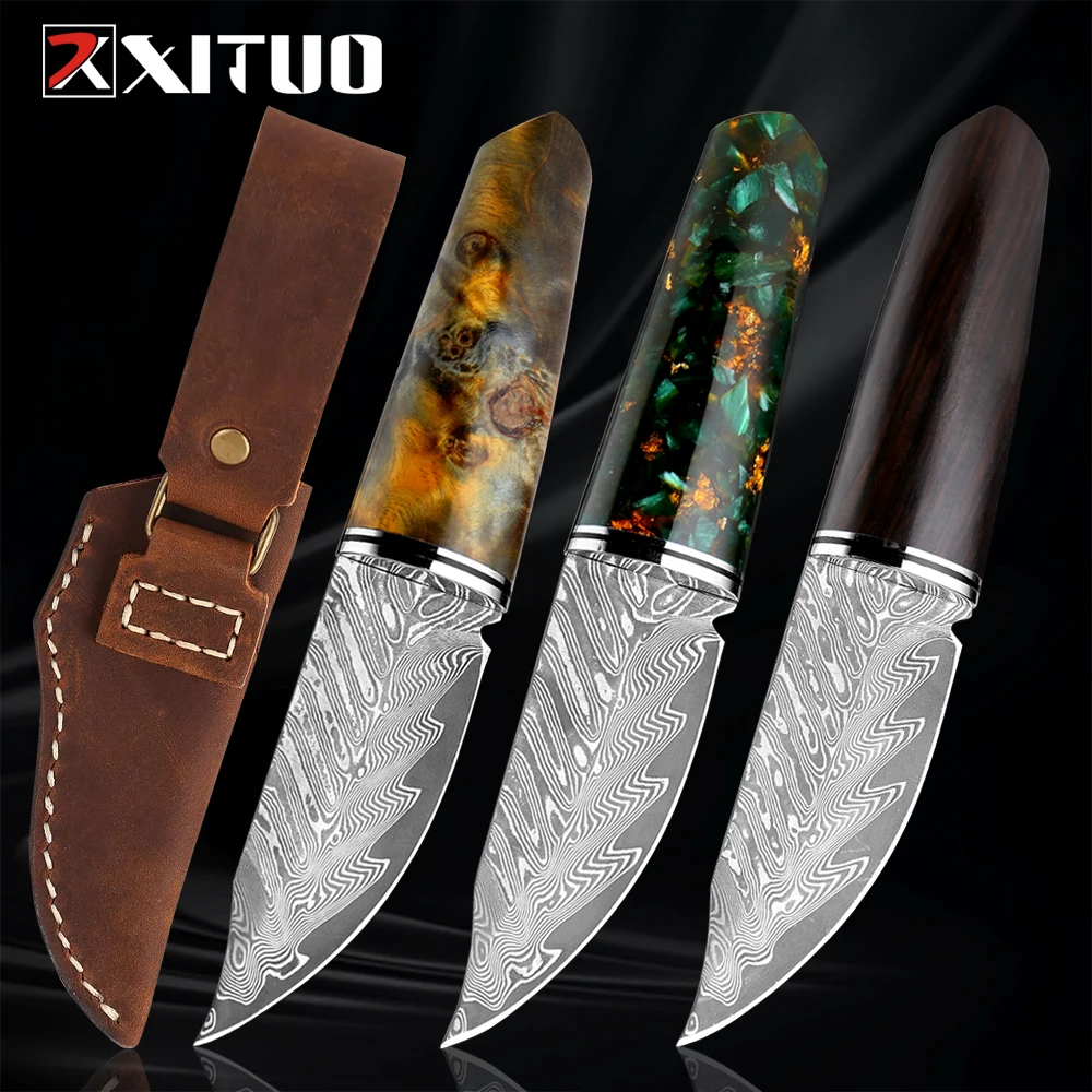 

Outdoor Damascus Straight Knife Sharp Camping Hunting Survival Portable Pocket Knife with Leather Sheath Japanese Damascus Steel