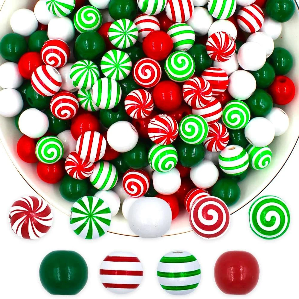 

240Pcs Wooden Beads Christmas Candy Candy Swirl Bead Round Craft Bead for DIY Garland Jewelry Xmas Party Home Decoration