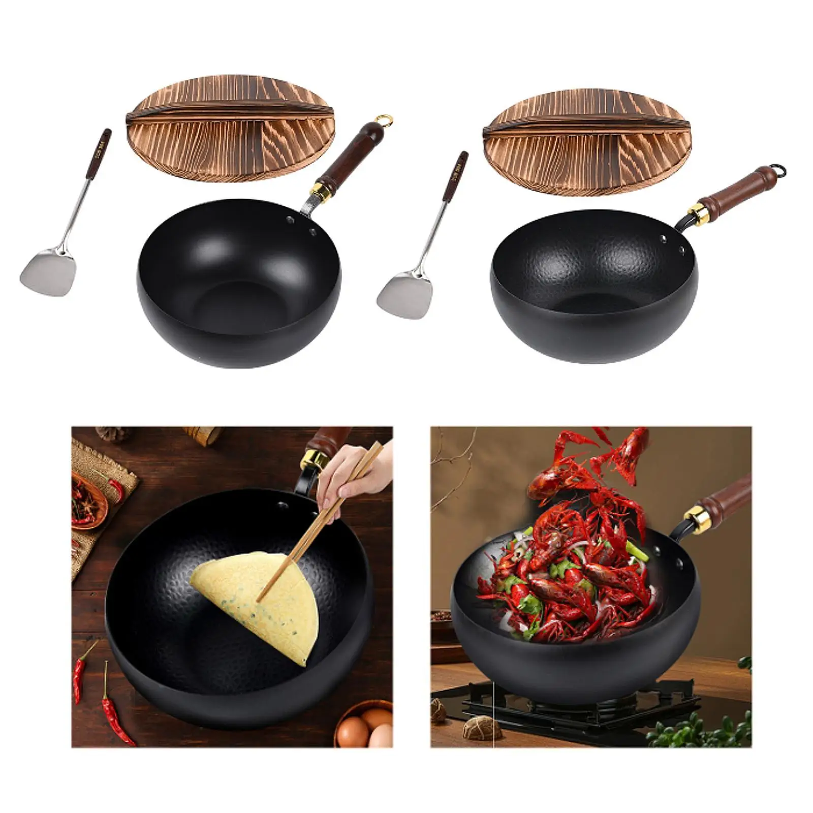 

9.45inch Wok Pan without Coating Wood Handle Boiling Induction Cooker Stir Fry Pan Cookware for Camping Hotel Home Restaurant