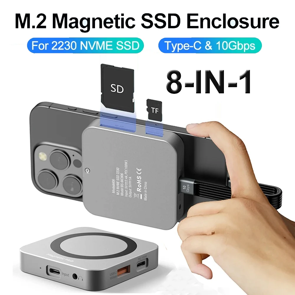 8-IN-1 Magnetic 2230 M.2 NVMe SSD Enclosure 10Gbps SSD Case USB C 3.2 Gen2 to NVMe PCI-E 100W Charger for iPhone15 Pro MacBook